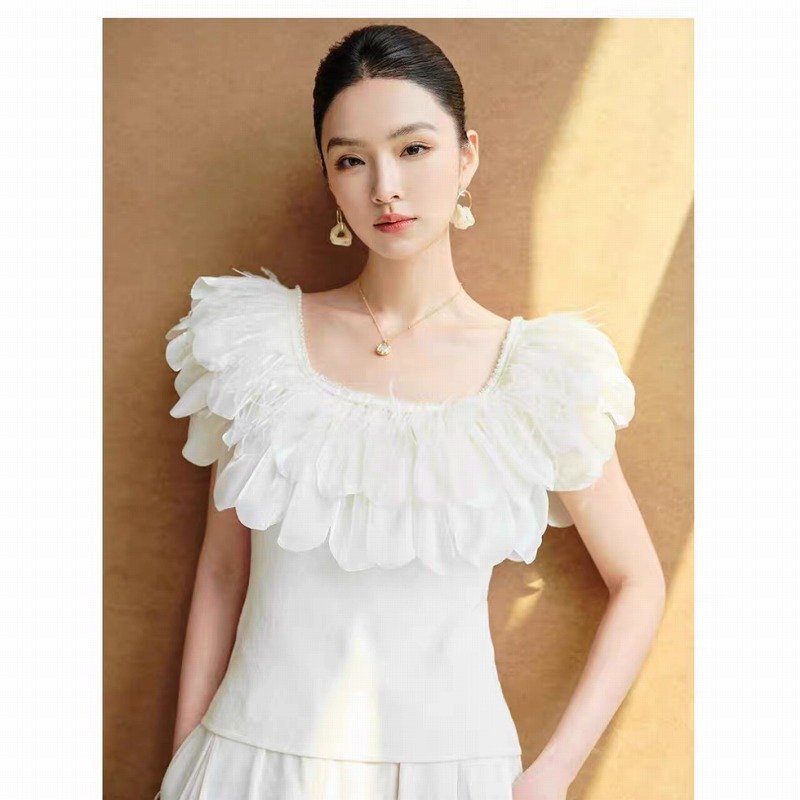 トップス フリル 切り替え スリム 着痩せ sweet系 XL ホワイト拍卖