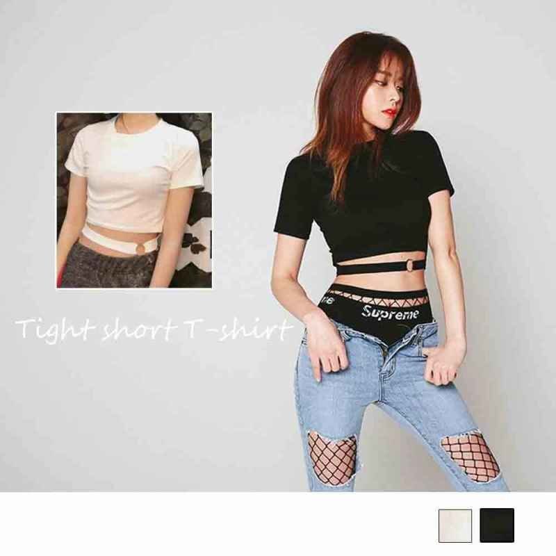 へそ出し トップス ショート丈 着やせ効果 カットソー シンプル フリー ブラック拍卖