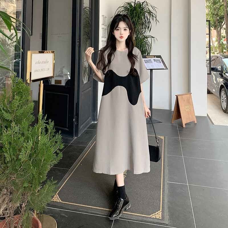 半袖ワンピース フリル 切り替え バイカラー 体型カバー 着痩せ 【大きいサイズあり】 4XL グレー拍卖