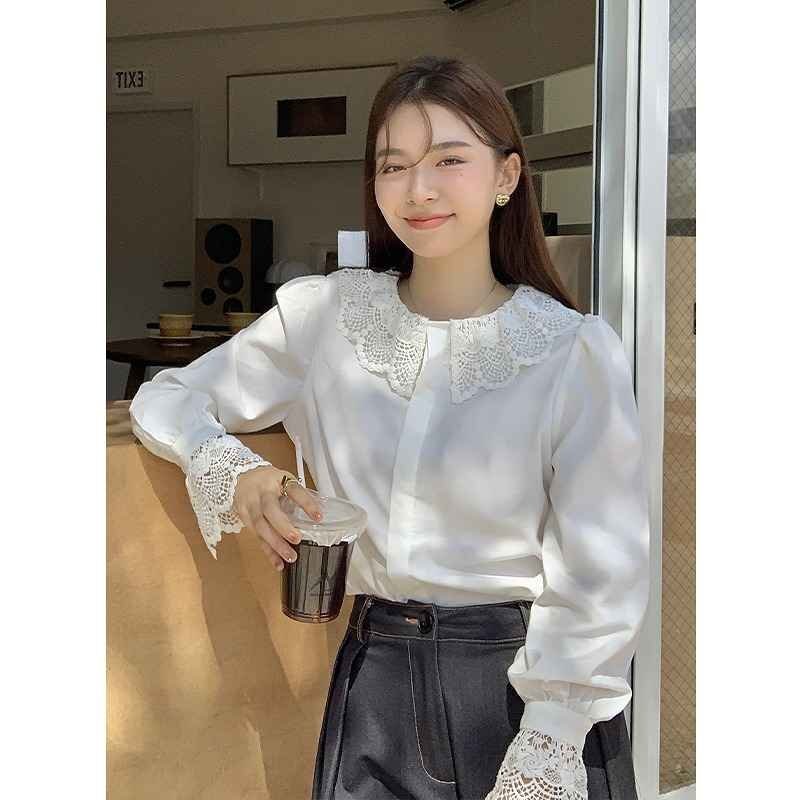 長袖シャツ 長袖ブラウス レトロ カットソー かわいい 秋冬 L ホワイト拍卖
