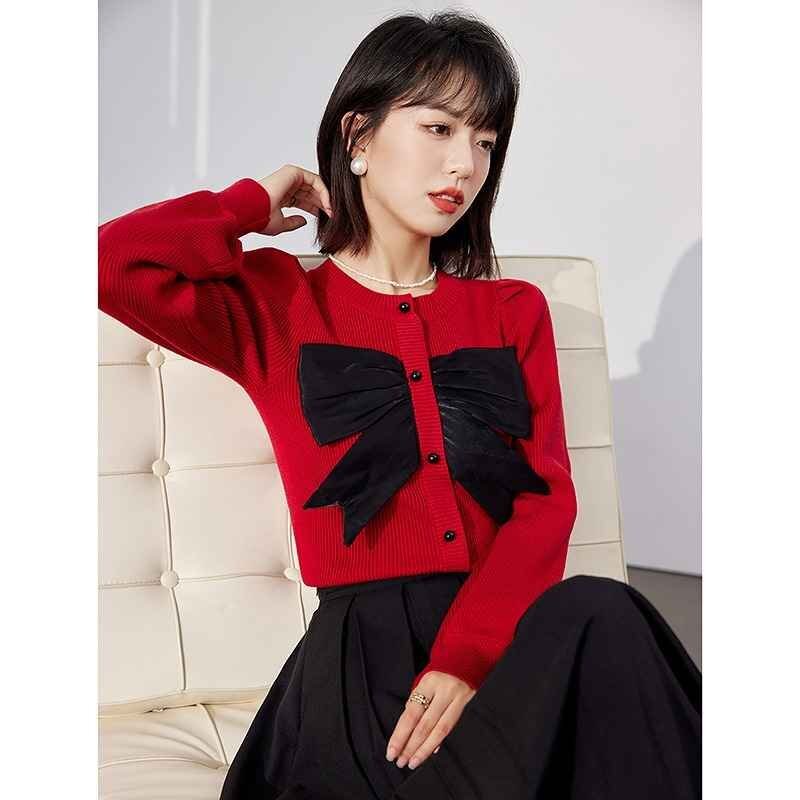 ニット 厚手 長袖 切り替え バイカラー 体型カバー 着痩せ カットソー リボン付き sweet系拍卖