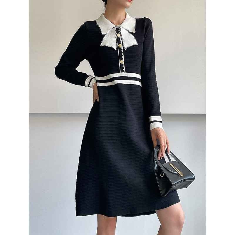 ニットワンピース 厚手 フリル 切り替え バイカラー スリム 着痩せ カットソー sweet系拍卖