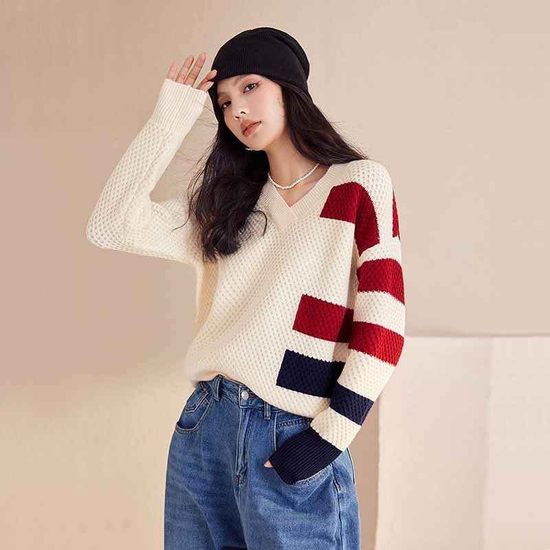 長袖トップス Vネック 切り替え バイカラー 体型カバー 着痩せ sweet系 M ベージュ拍卖