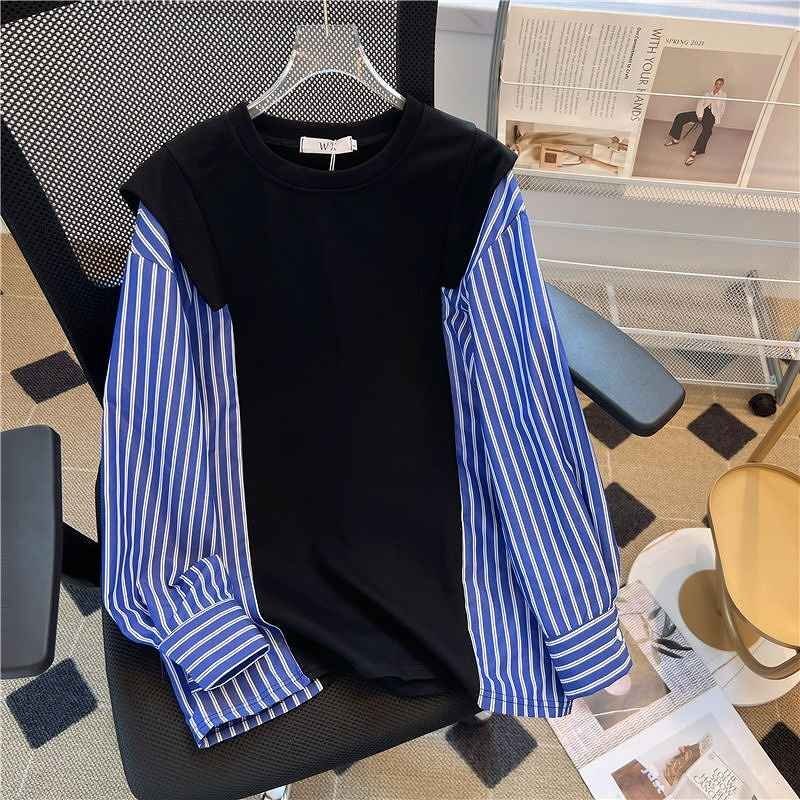 スウェット トレーナー フェイク 体型カバー 着痩せ ストライプ柄 【大きいサイズあり】 L ブラック拍卖