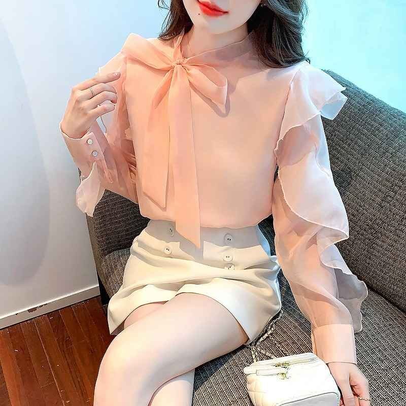 長袖シャツ フリル 切り替え 体型カバー 着痩せ 無地 【大きいサイズあり】 sweet系 XL ピンク拍卖