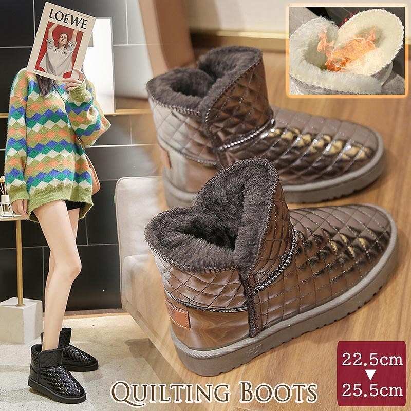 レディース 靴 ショートブーツ キルティング ハイカット 秋冬 フラット 黒 裏起毛 エナメル感 25.5cm(41) ホワイト拍卖