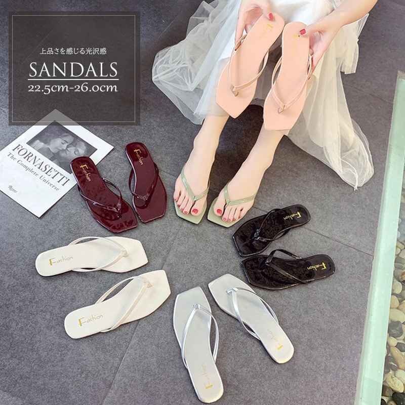 サンダル ミュール オープントゥ フラットソール 光沢感 スクエアトゥ エナメル 36 黒拍卖