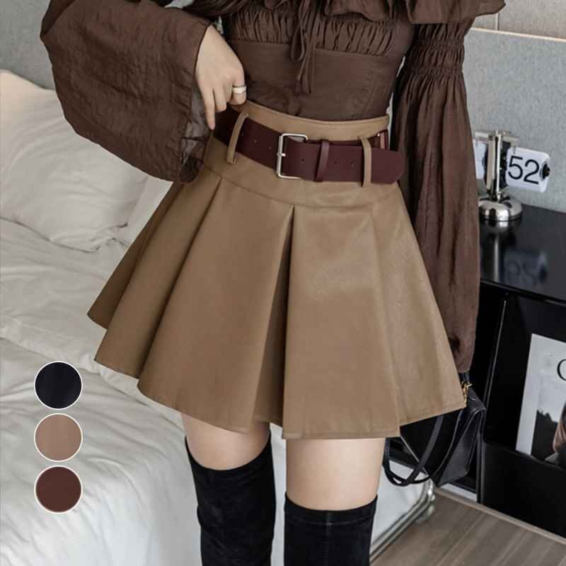 プリーツレザースカート ベルト付き 秋冬 M ブラック拍卖