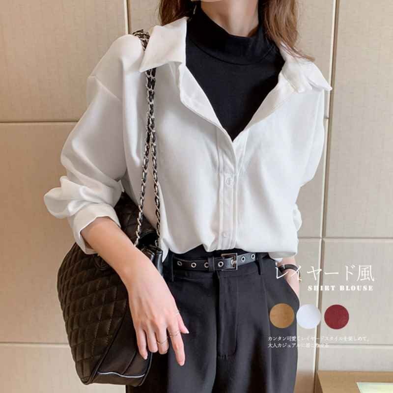 シャツブラウス レイヤード風 レディース 2XL ホワイト拍卖