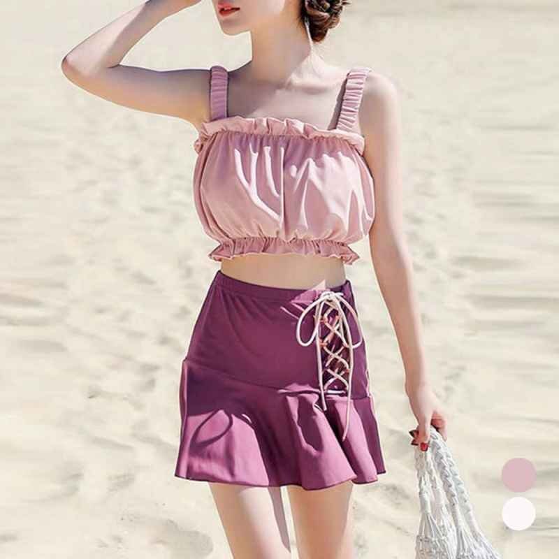 水着レディース ビキニスカート3点セット パンツ付き フリルミニスカートセパレート水着 ワンサイズ ピンク×プラムピンク拍卖