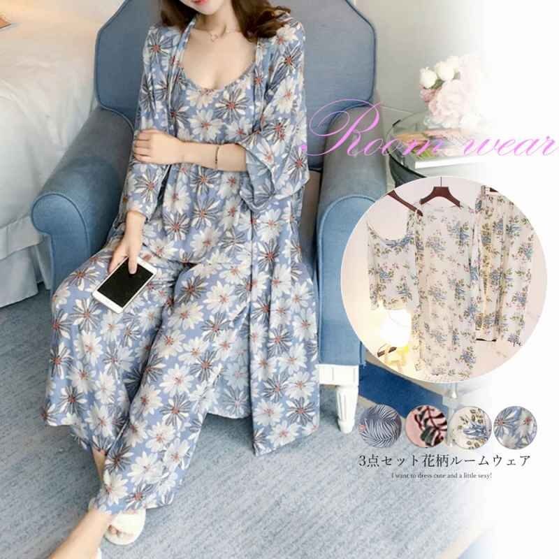 ルームウェア 3点セット レディース 花柄 パジャマ カーディガン L ホワイト拍卖
