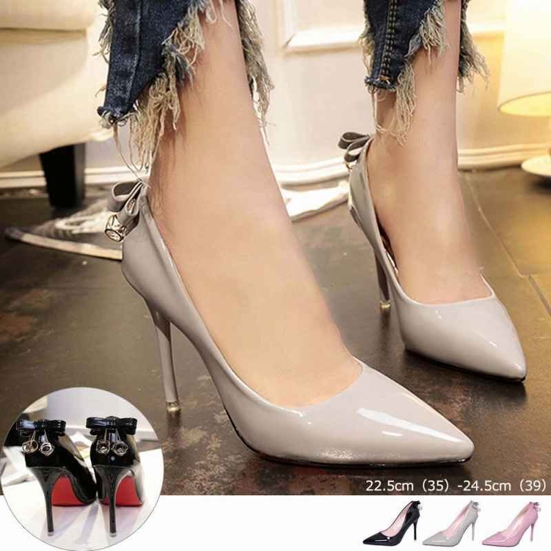 レディース 美脚パンプス ハイヒール 黒 靴 ポインテッドトゥ リボン 22.5cm(35) ブラック拍卖