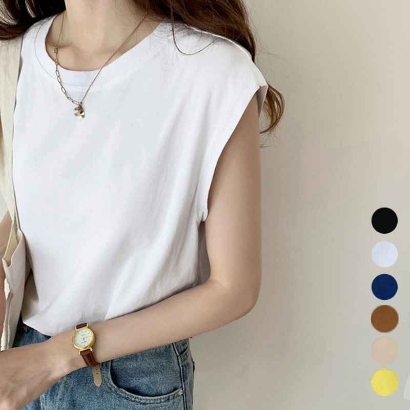 Tシャツ ノースリーブカットソー 無地 クルーネックプルオーバー フレンチスリーブ ワンサイズ イエロー拍卖