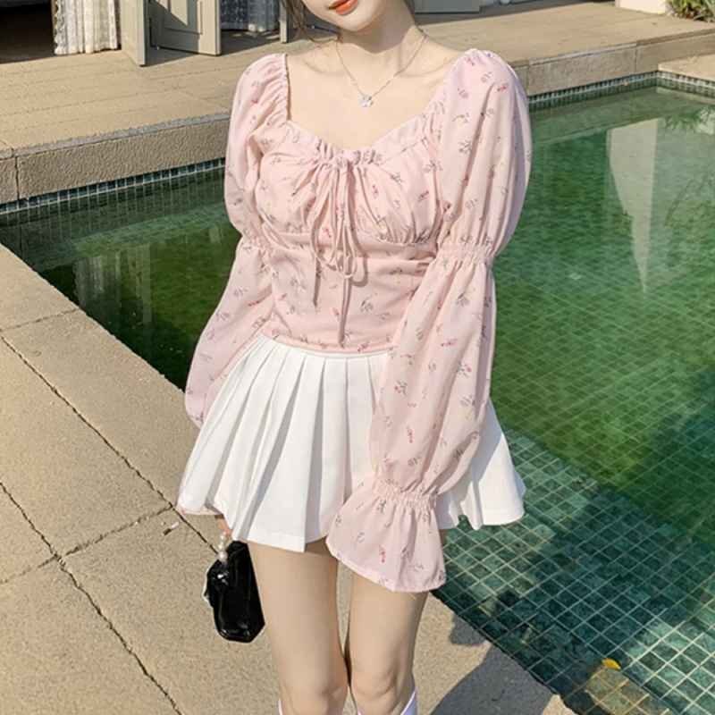 長袖ブラウス ショートトップス へそ出し クロップド丈トップス キャンディスリーブ フリル袖 スクエアネック ワンサイズ ピンク拍卖