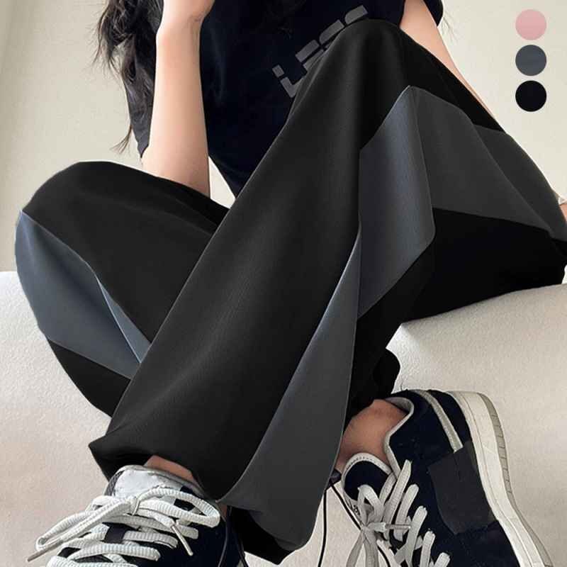 セミワイドパンツ ジョガーパンツ ライン入りズボン リラックス 部屋着運動着 大きいサイズあり M ブラック拍卖