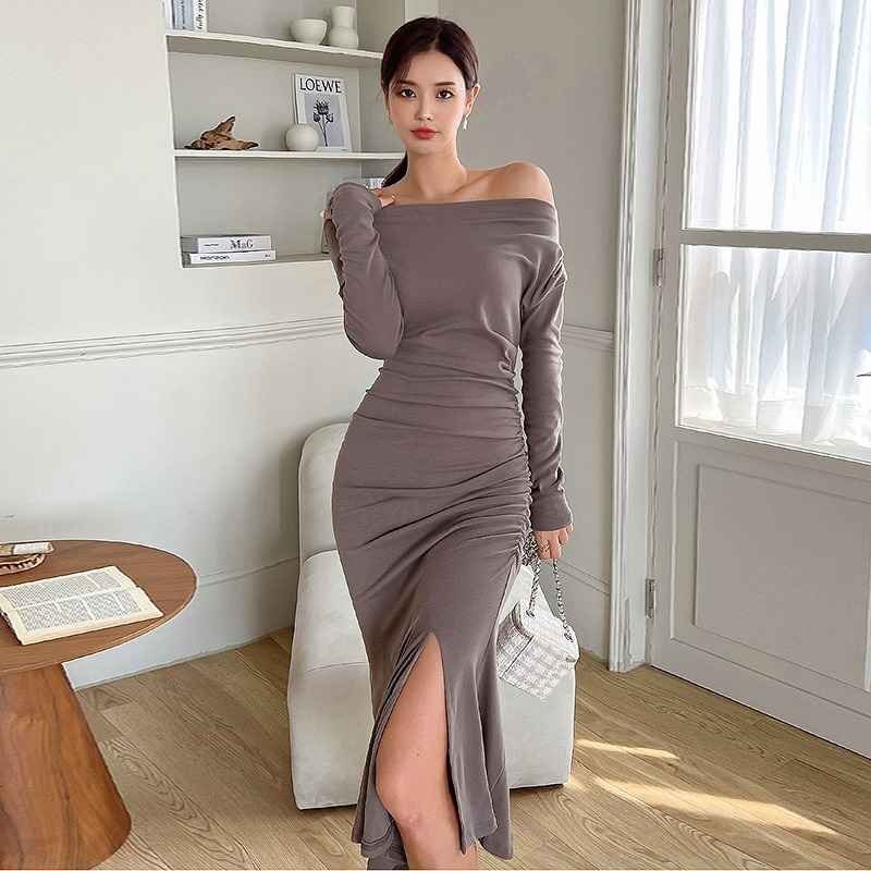 ワンピース スリット ひざ丈ワンピ 長袖 オフショルダー きれいめ セクシー 大人っぽい 無地 シンプル M アッシュグレー拍卖