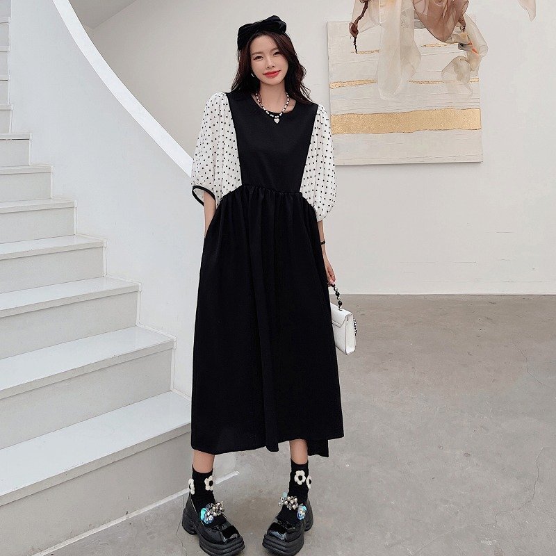 ワンピース フリル 切り替え バイカラー 体型カバー 着痩せ ドット柄 【大きいサイズあり】 2XL ブラック拍卖