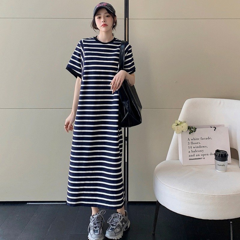 半袖ワンピース フリル 切り替え バイカラー 体型カバー 着痩せ ボーダー柄 【大きいサイズあり】 2XL ボーダー拍卖