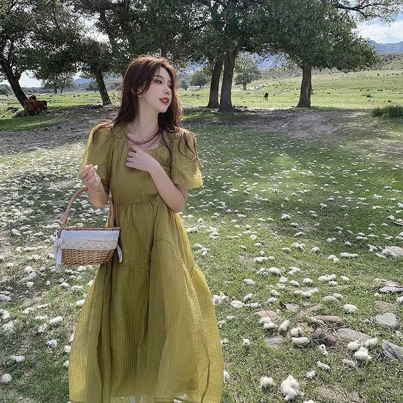 半袖ワンピース フリル 切り替え スリム 着痩せ 【大きいサイズあり】 sweet系 M グリーン拍卖