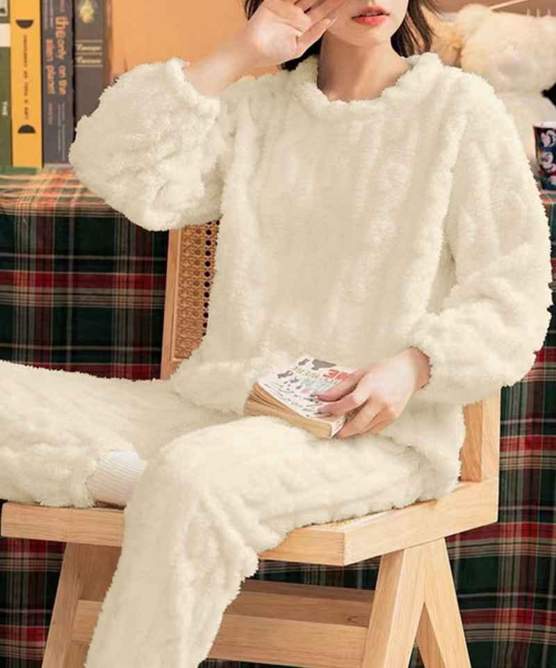 フリースパジャマ レディース 上下セット ゆったり カジュアル ボアパジャマ 防寒 冬用 ワンサイズ くすみブルー拍卖