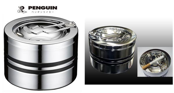 新品 老舗 ペンギン社 クローム黒ラインII プッシュ灰皿 スチール製拍卖