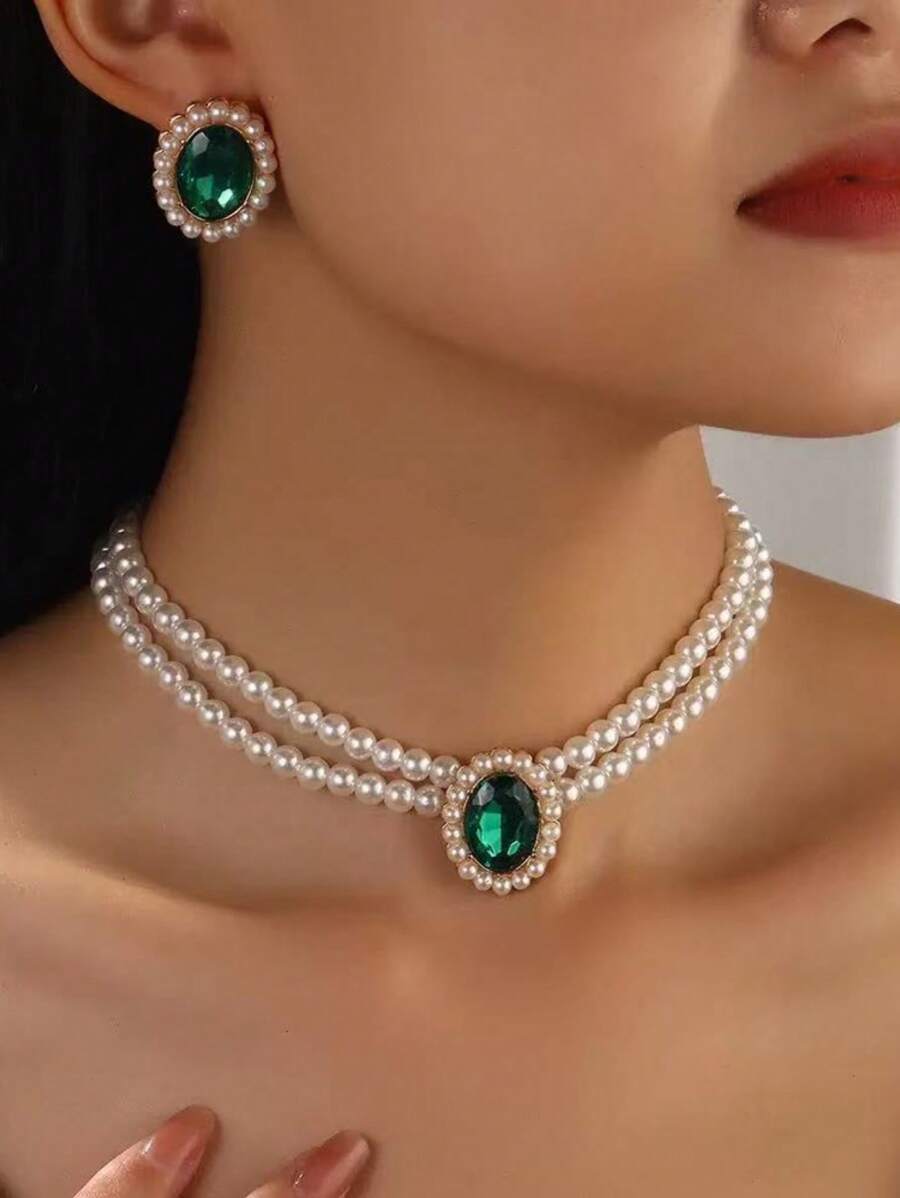 ジュエリー レディース セット ファッショナブルエレガントなアコヤ真珠 & ラインストーン二重層ビーズチョーカーネックレス、鎖骨に拍卖