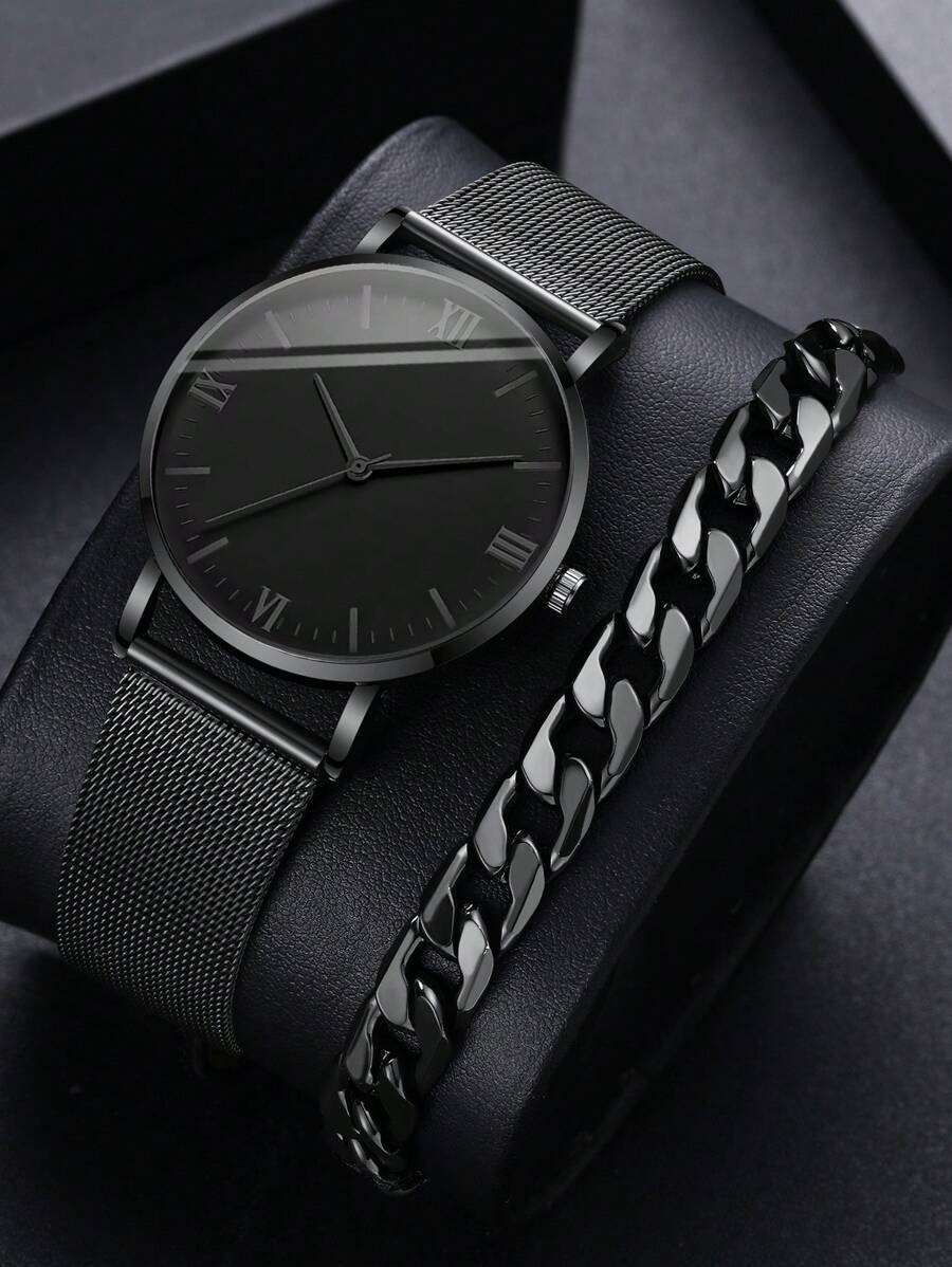 腕時計 メンズ セット 黒亜鉛合金ストラップのファッショナブル ラウンドダイヤルクォーツウォッチ1個とチェーンブレスレット1個。毎拍卖