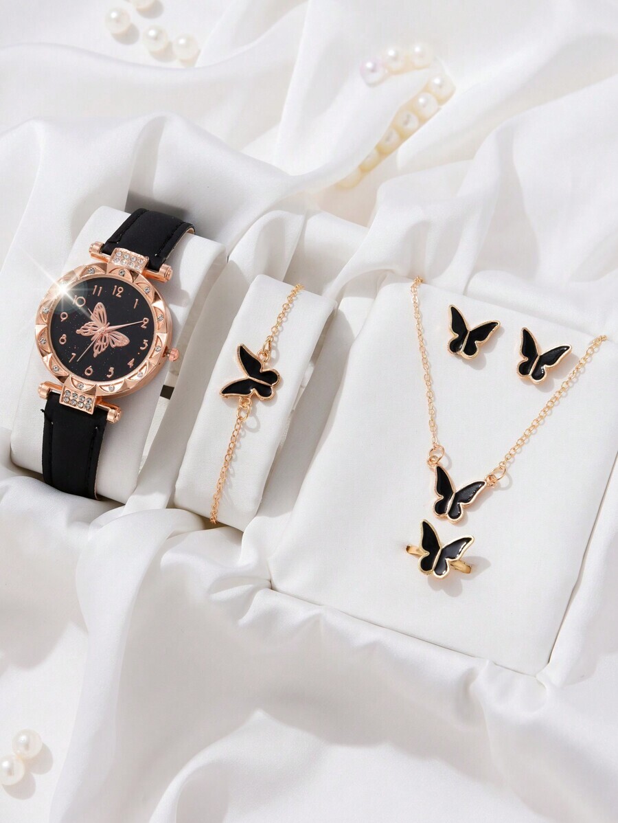 腕時計 レディース セット レディース腕時計 ラインストーン装飾 クオーツウォッチ&ジュエリーセット5点セット。蝶ダイヤモンド付き拍卖