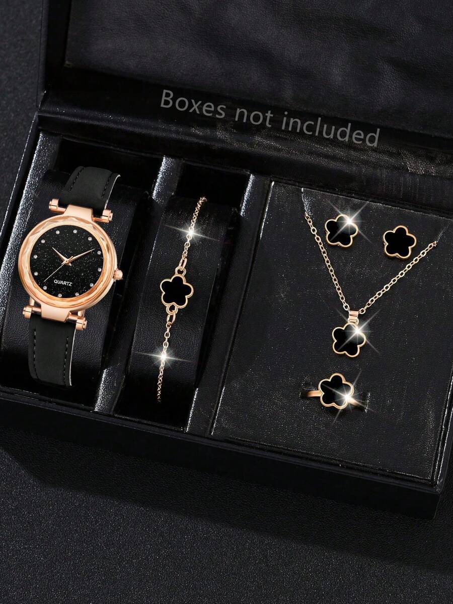 腕時計 レディース セット 女性用 6点セット ブラック PUレザーストラップ ファッションカジュアル シンプル ラインストーン拍卖