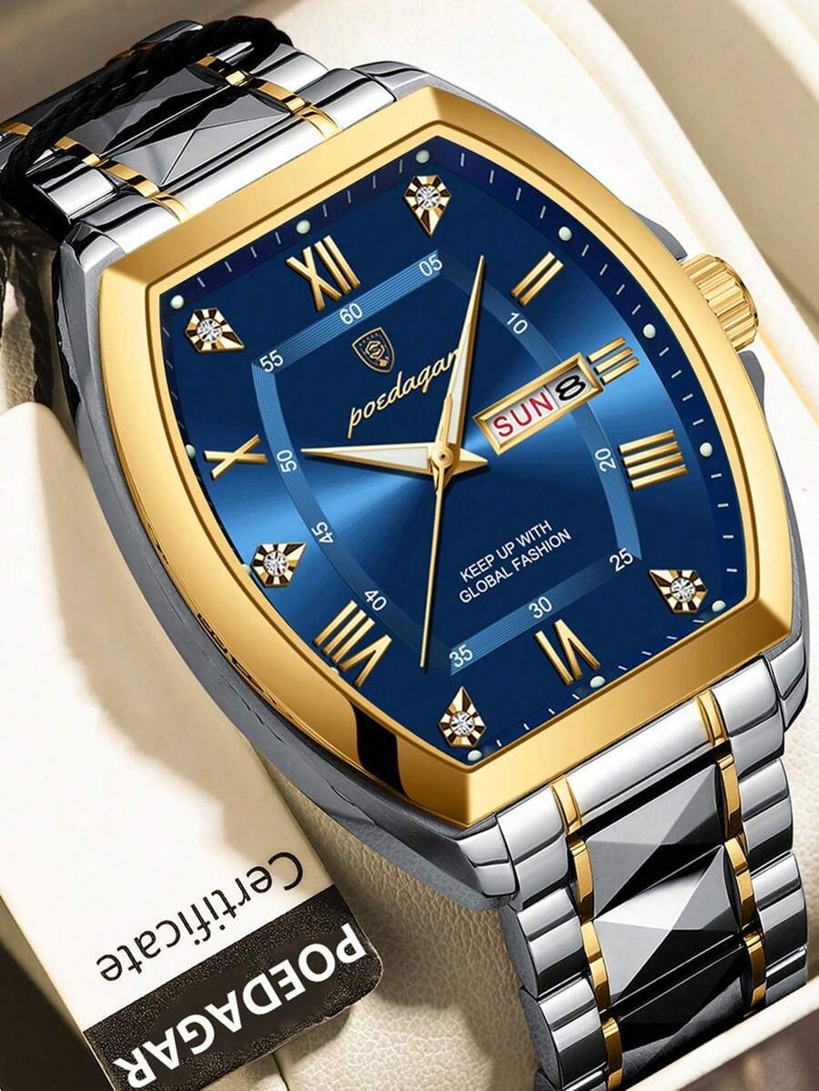 腕時計 メンズ クォーツ 1個 ビジネスメンズ ステンレススチール デイト ウィーク トノー型ダイヤル クォーツ腕時計、高級防水発拍卖