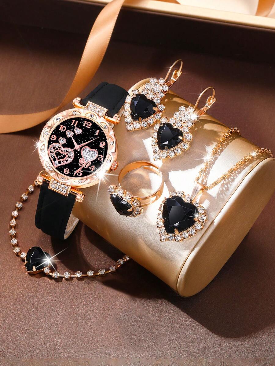 腕時計 レディース セット 女性用ウォッチセット、ファッショナブルなカジュアルデジタル丸型文字盤クォーツ腕時計、ハートペンダントネ拍卖