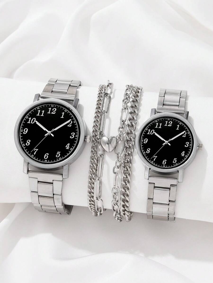 腕時計 レディース セット 4個セット レディース腕時計 カップルウォッチ ステンレスバンド デジタルダイヤル アレイブレスレット拍卖