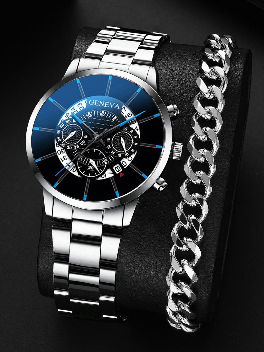 腕時計 メンズ セット メンズウォッチ シルバー 亜鉛合金ストラップ ビジネス カレンダー ラウンドダイヤル クォーツウォッチ1個拍卖