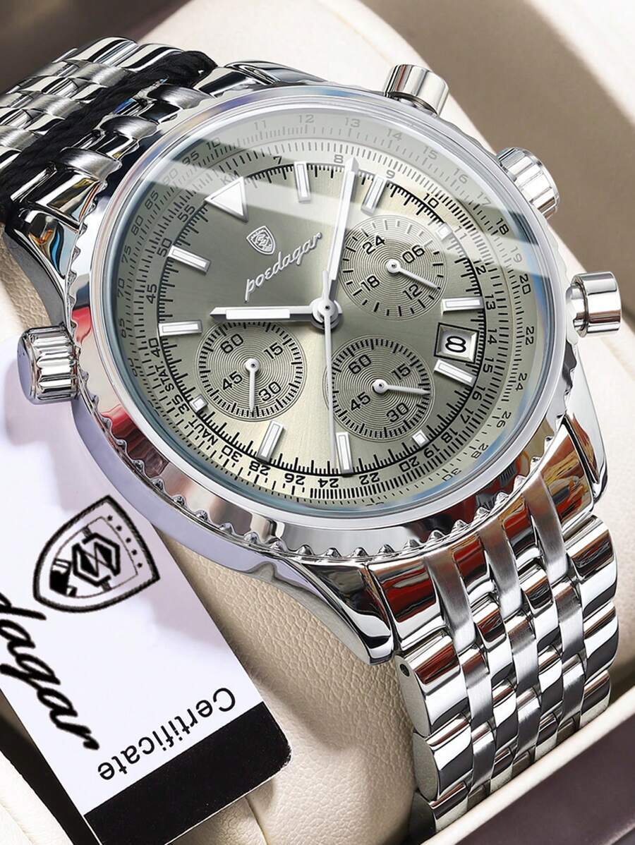 腕時計 メンズ クォーツ 1個 ファッション メンズクォーツ腕時計、ステンレススチール マルチファンクション デイト クロノグラフ拍卖