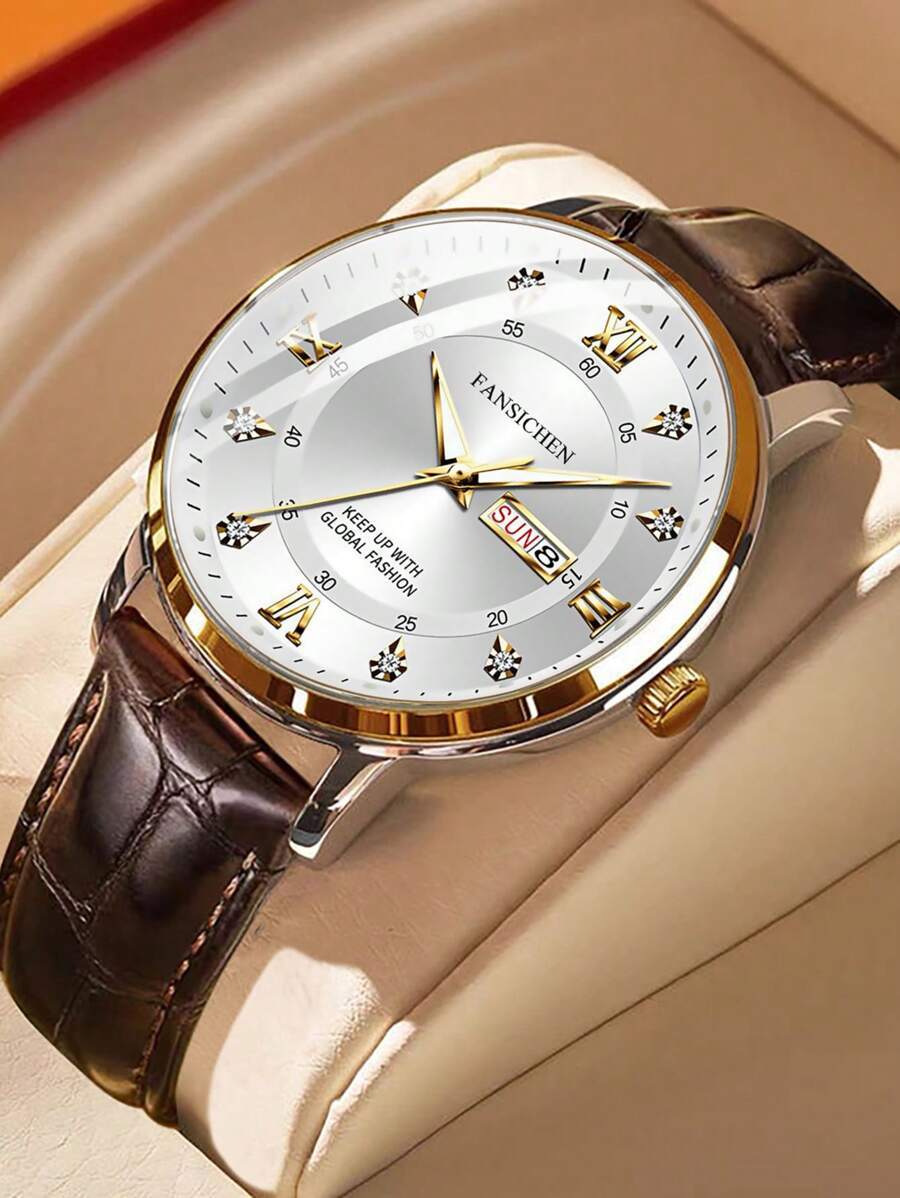 腕時計 メンズ クォーツ 新作 防水 蓄光 デュアルカレンダー クォーツ ウォッチ、黒 & 茶色レザーストラップ、薄型クォーツ メ拍卖