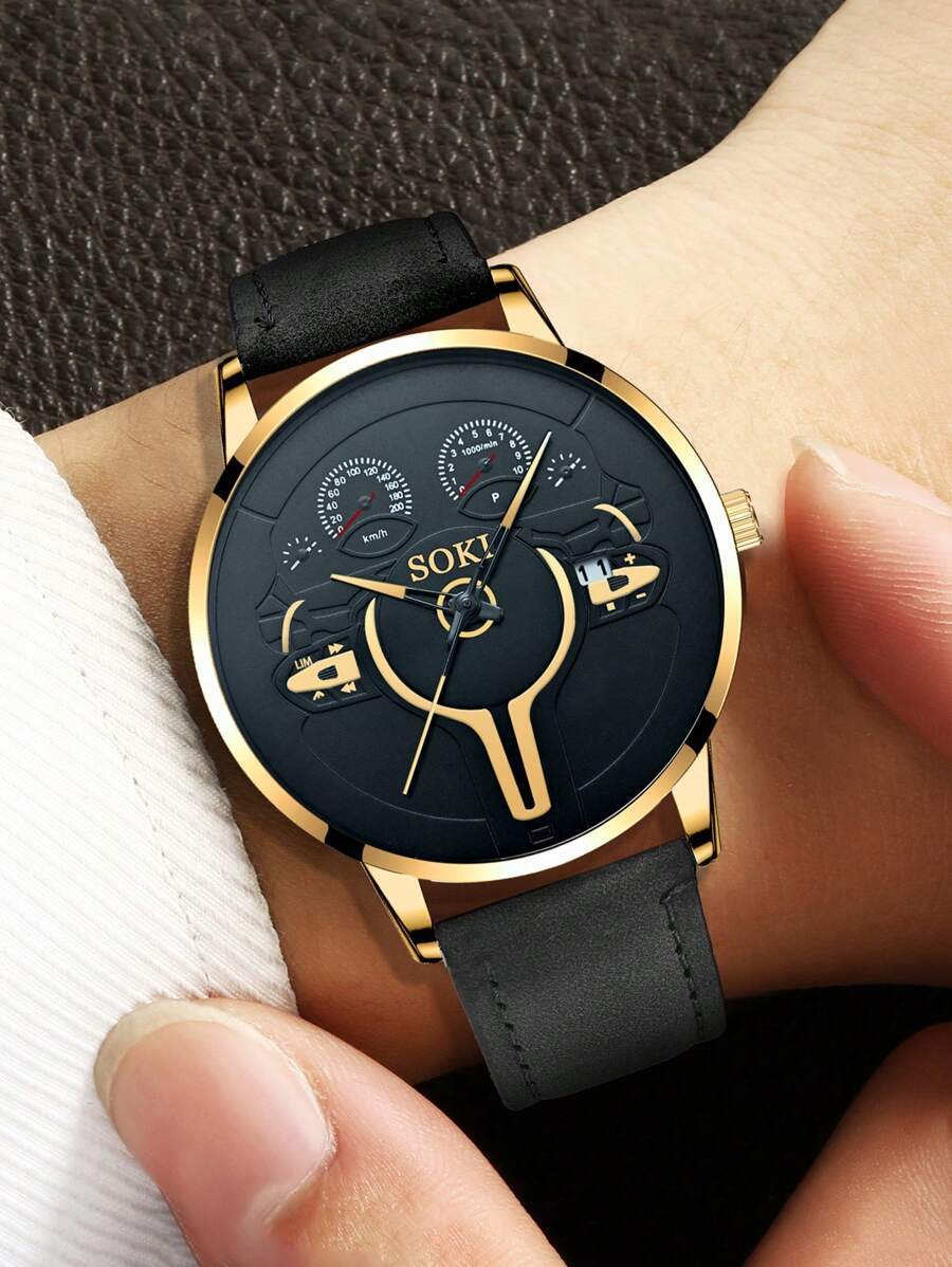 腕時計 メンズ クォーツ 1個 メンズ ファッショナブル ラウンドダイヤル クォーツ 腕時計 ブラックPUストラップ カレンダー機拍卖