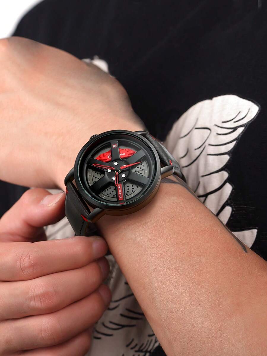 腕時計 メンズ クォーツ 1個 新 バッテリー式 ファッションパーソナライズ ホイールハブ スポーツ レザーベルト 石英アナログメ拍卖