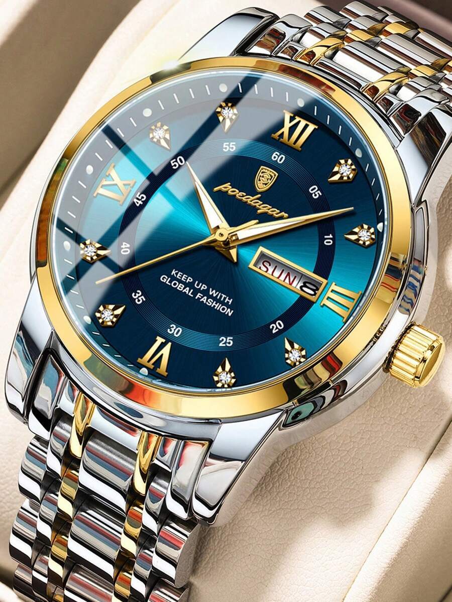 腕時計 メンズ クォーツ 1個 ビジネスメン用クォーツ デュアルデイト ステンレススチール腕時計、カジュアル 防水 夜光 メンズ腕拍卖