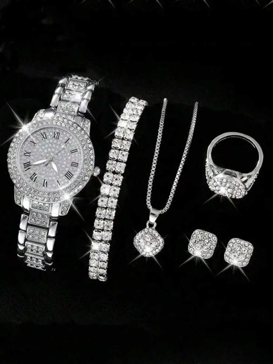 腕時計 レディース セット 女性用ファッション高級クォーツ腕時計セット、ダイヤモンドエンベリッシュ数字ブレスレット(時計1個+アク拍卖