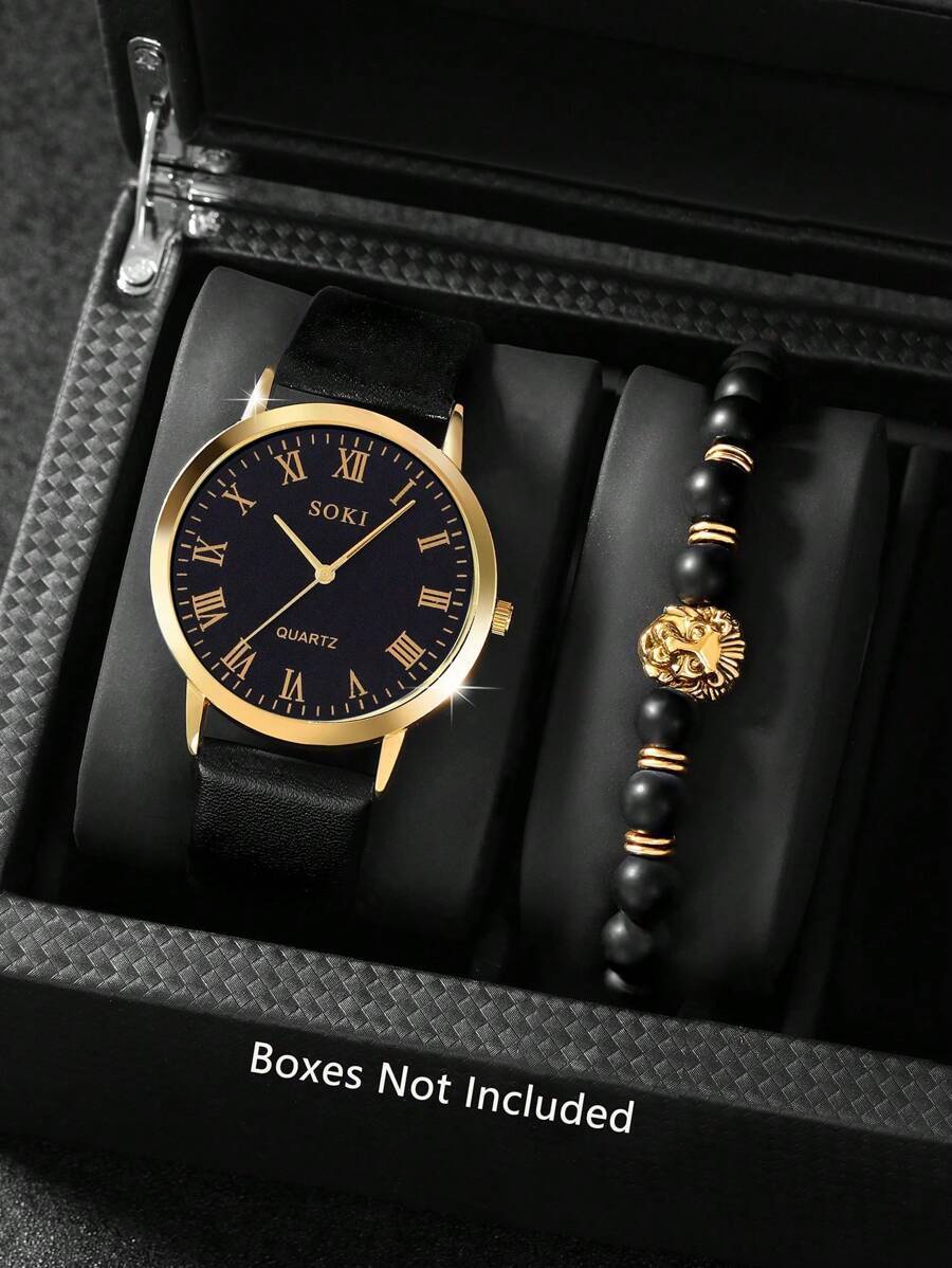腕時計 メンズ セット 1セット メンズ腕時計 ファッションカジュアル クォーツ ラウンドダイヤル腕時計とライオンヘッドビーズブレ拍卖
