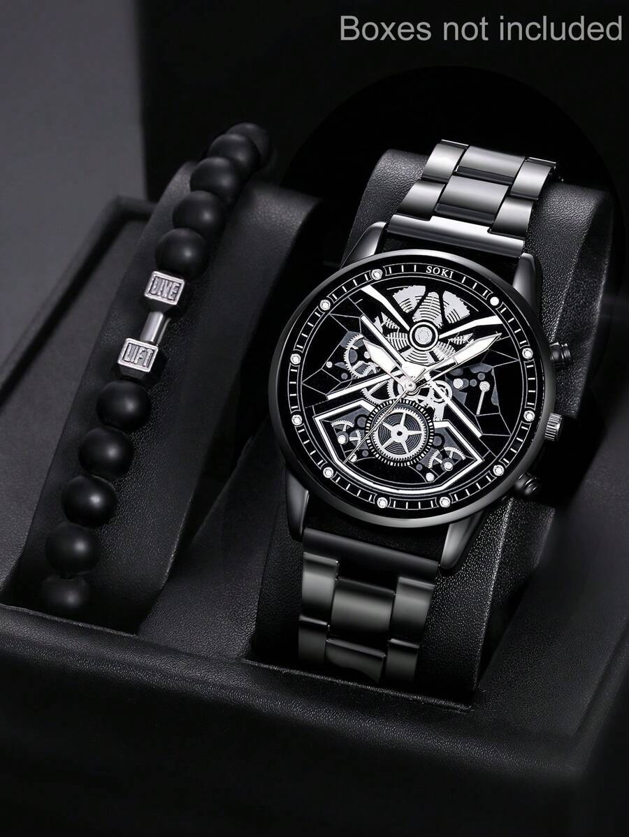 腕時計 メンズ セット 1セット メンズ腕時計 ステンレススチールバンド ダイヤル クォーツ腕時計 とダンベル ビーズブレスレット拍卖