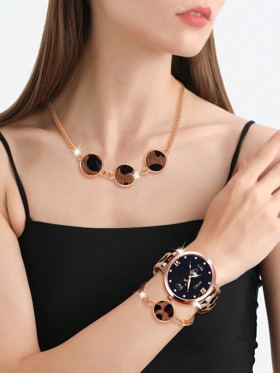 腕時計 レディース セット 1セット レディース腕時計 レオパード柄PUストラップクォーツ腕時計 レオパード頭飾りネックレス、ピア拍卖