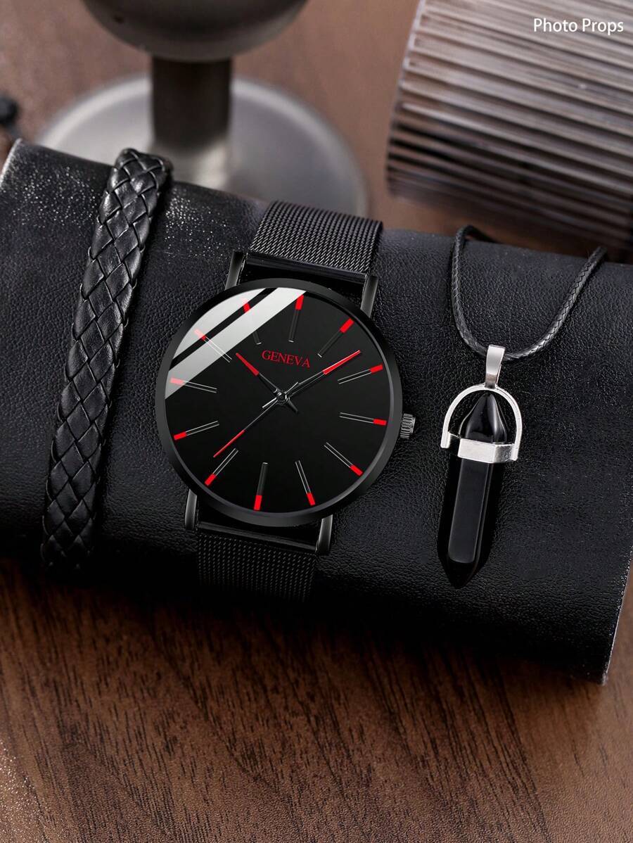 腕時計 メンズ セット 1セット メンズ腕時計 ファッションカジュアル ラウンドダイヤル クォーツ腕時計 ペンダントレザーロープネ拍卖