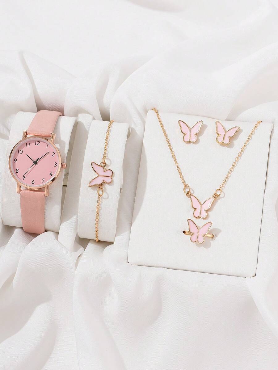 腕時計 レディース セット 6個セット、レディース腕時計、デジタルスケール レディース クォーツ腕時計、PUストラップ、ピンクの蝶拍卖
