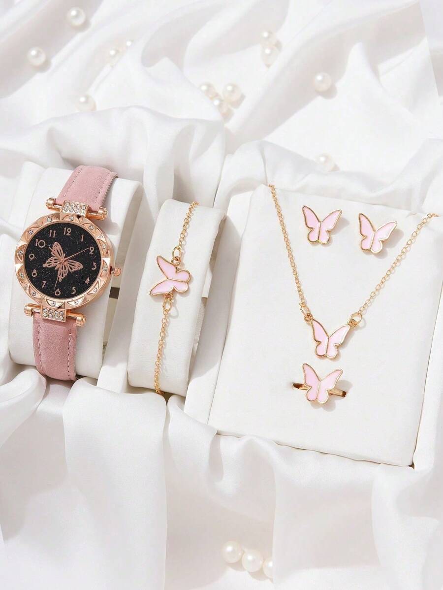 腕時計 レディース セット 6点セット レディース腕時計 ファッショナブルでシンプルな花貝殻 ラインストーン入りバタフライスケール拍卖