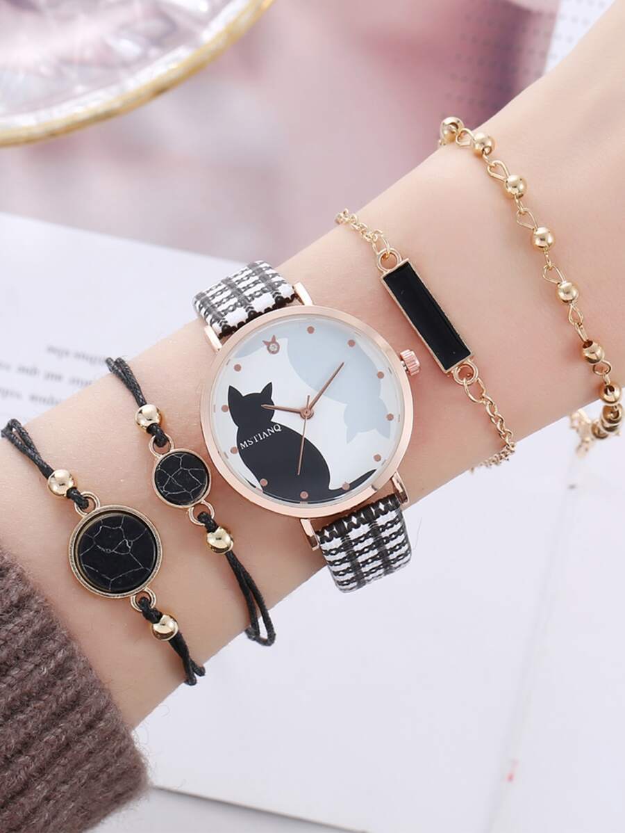 腕時計 レディース セット ファッショナブルな猫の腕時計+ブレスレットセット、通勤、高校生、大学生に適しています。様々なコーディネ拍卖