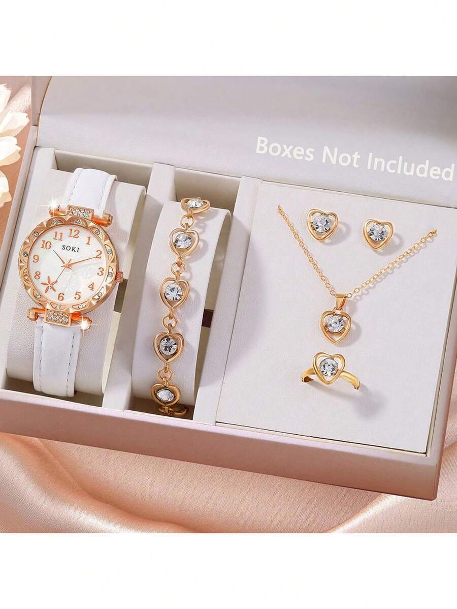 腕時計 レディース セット レディース腕時計セット ファッショナブルなカジュアル クォーツ腕時計とハートネックレス、イヤリング、ブ拍卖