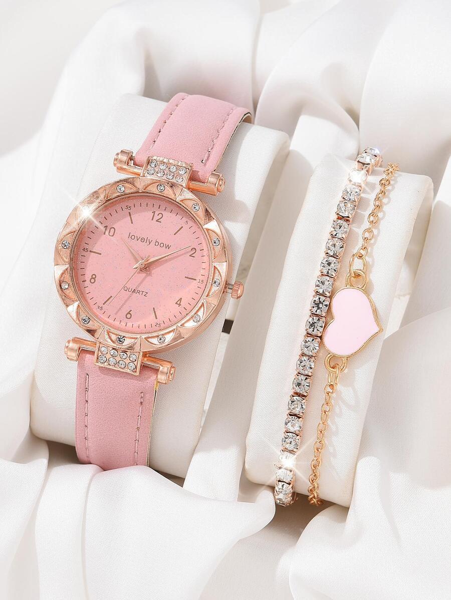 腕時計 レディース セット 1 個女性ピンク PU ポリウレタン ストラップ グラマラス ラインストーン装飾ラウンド ダイヤル ク拍卖