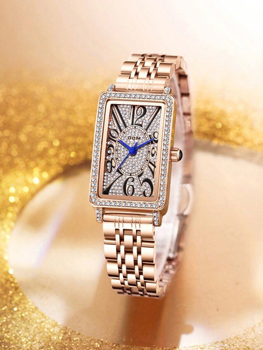 腕時計 レディース クォーツ 1個 女性用 ラインストーン付きローズゴールド調ファッション鋼製バンド 防水 リストウォッチ 数字ダ拍卖