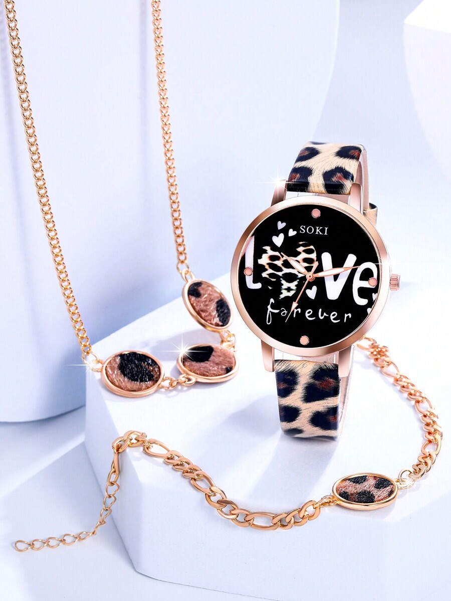 腕時計 レディース セット 1セット レディース腕時計 レオパード柄PUストラップクォーツ腕時計 レオパード頭飾りネックレス、ピア拍卖